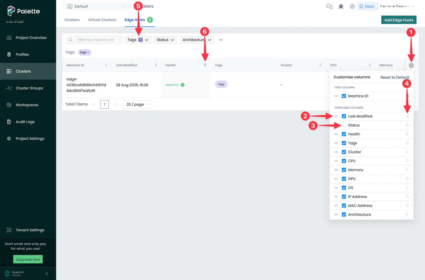 A screenshot of the Edge host grid view complete with arrows pointing to the elements referred to by the preceding table