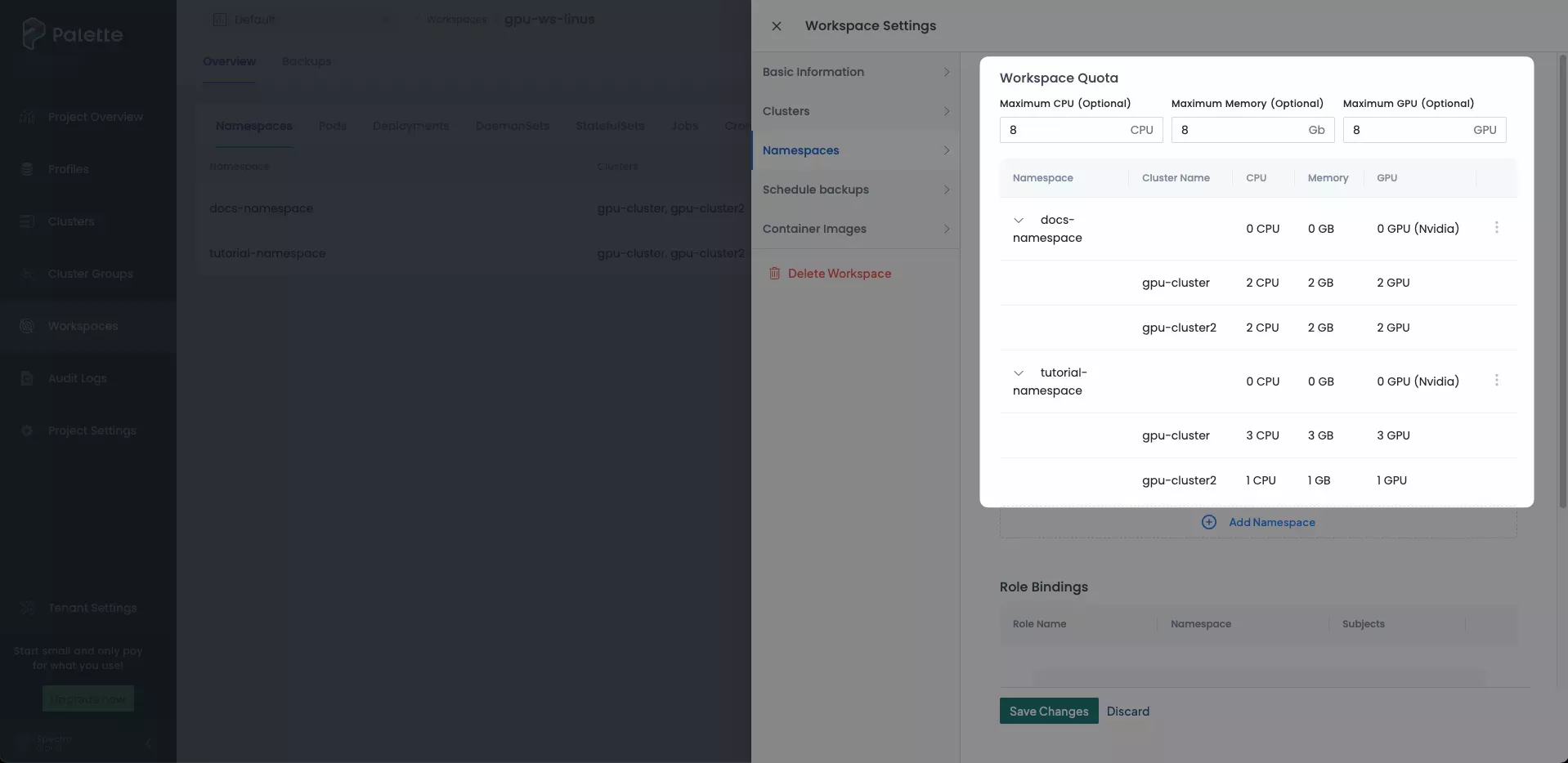 Workspace Settings pane displaying Workspace Quota section with values within quota